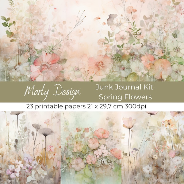 Kit de journal indésirable Fleurs printanières Pages de fond Étiquettes éphémères Pochettes Billets hors-texte Imprimables Kit numérique A4 Teintes douces