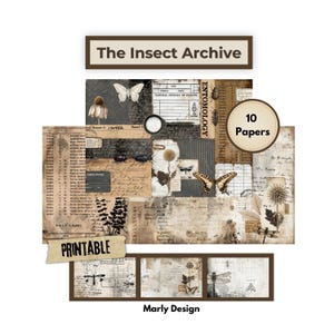 Może przedstawiać: Kolaż papierów w stylu vintage z ilustracjami owadów, w tym motyli i ważek. Wyświetlany jest tekst "The Insect Archive" i "Printable". Kolaż zawiera tekst "10 Papers" i "Marly Design".