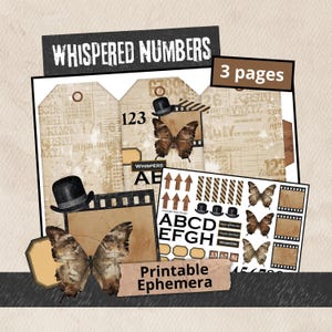 Whispered Numbers Junk Journal Kit, Vintage Grunge Ephemera, Trifold Tags, Neutral Collage Elements, A4 Printable