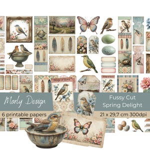 SPRING DELIGHT FUSSY Cut, objets éphémères printaniers vintage, oiseaux, papillons, fleurs, étiquettes, cartes, junkjournaling, création de papier, impressions, A4