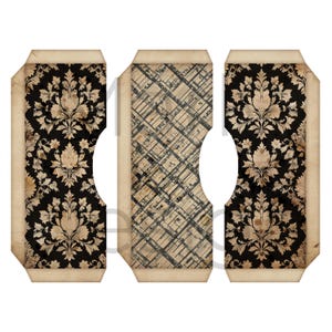 Three tuck pockets with ornate damask and crosshatch prints, Halloween Tags and Pockets in distressed tones