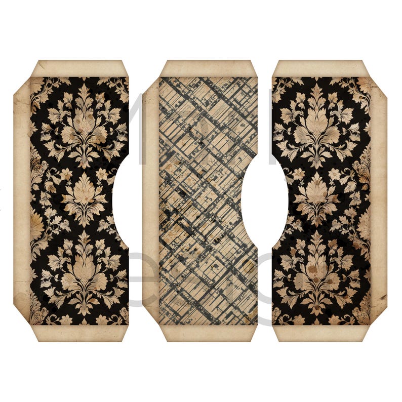 Three tuck pockets with ornate damask and crosshatch prints, Halloween Tags and Pockets in distressed tones