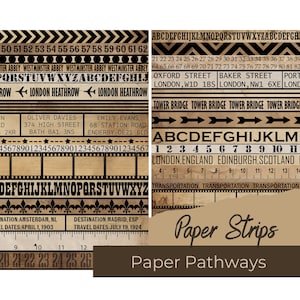 TIRAS DE PAPEL PAPER PATHWAYS, tiras de papel com números de texto e símbolos, para diário de lixo, artesanato em papel, itens vintage, imprimíveis, A4