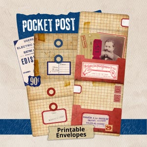 POCKET POST - Vintage Printable Envelopes & Ephemera, Grid Envelopes, Red and Blue Junk Journal Kit, A4, Scrapbooking Printables