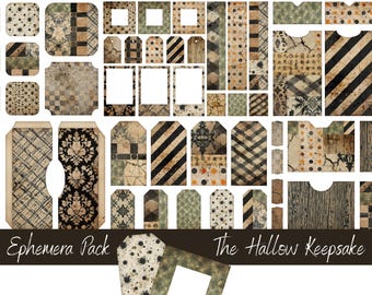 May include: A collection of vintage-style ephemera pieces in various shapes and sizes. The designs feature patterns like stripes, floral motifs, and speckled textures in a palette of brown, black, and beige. The text "Ephemera Pack" and "The Hallow Keepsake" are visible.