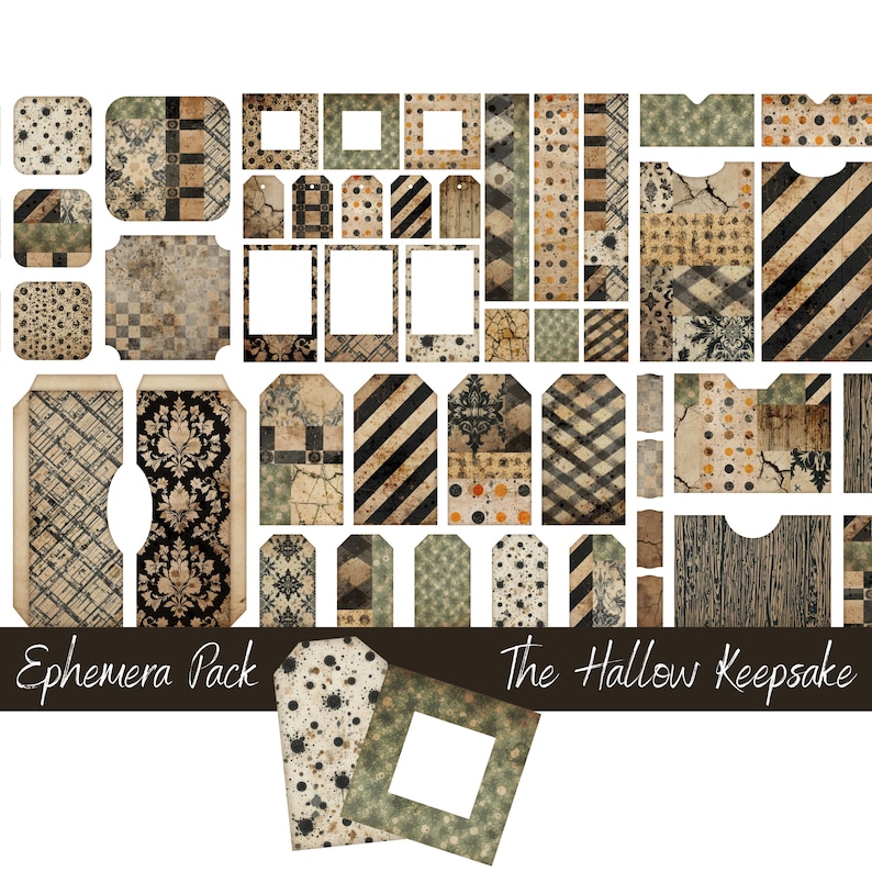 Preview collage, Vintage Halloween Junk Journal Kit with tags, pockets, frames, distressed patterned papers