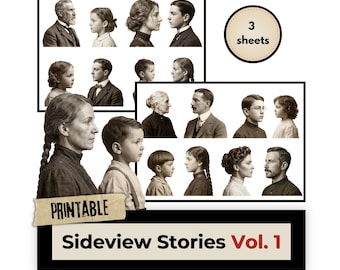 Sideview Stories, Vintage Side Portraits Printable, Men Women Children, Ephemera, Antique Profile Portraits