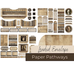 ENVELOPE PAPER PATHWAYS, envelope carregado, itens vintage, molduras, etiquetas, rótulos, texto e números, download instantâneo, tamanho A4