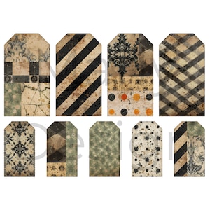 Row of printable Halloween tags and pockets, striped, plaid and damask in tan, cream, brown and black