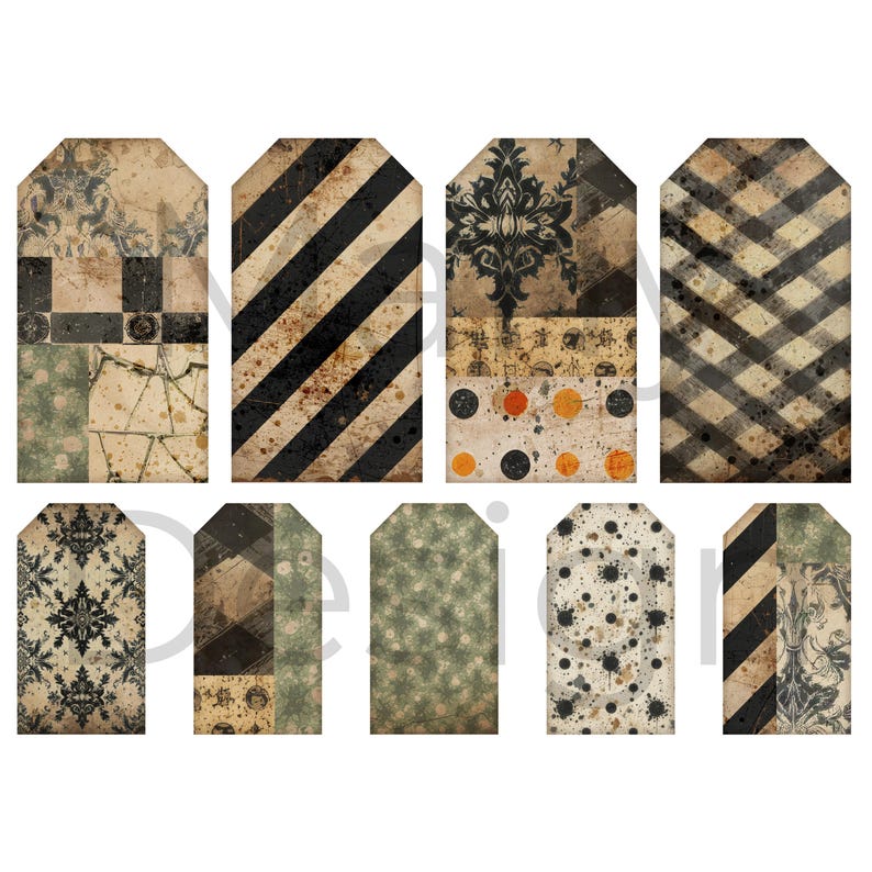 Row of printable Halloween tags and pockets, striped, plaid and damask in tan, cream, brown and black