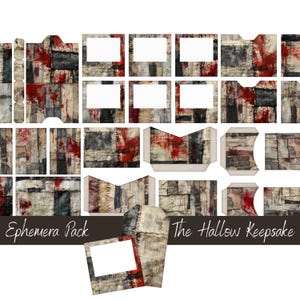 May include: A collection of ephemera pieces with a distressed, patchwork design. The pieces feature a mix of gray, black, and beige fabrics with red paint splatters. The text "Ephemera Pack" and "The Hallow Keepsake" are visible.