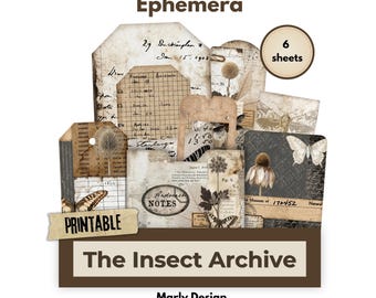 The Insect Archive Ephemera, Vintage Entomology Printable Cards Tags Pockets, Grunge Specimen Junk Journal Ephemera Kit