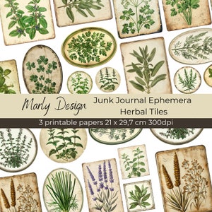 Junk Journal Ephemera Herbal Tiles Vintage Ephemera Herbs Botanical For Notebooks Scrapbooking Cardmaking Instant Download A4 Size