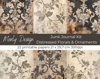 Junk Journal Kit Distressed Florals And Ornaments Neutral Colors Flowers Botanical Journaling Scrapbooking Cardmaking Papercraft Printables