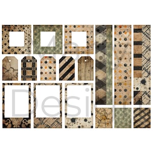 Grid of printable frames, labels and coordinating Halloween digital paper, ornate and grunge motifs