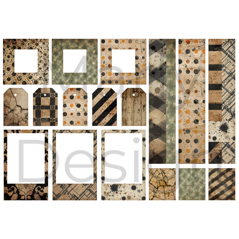 Grid of printable frames, labels and coordinating Halloween digital paper, ornate and grunge motifs