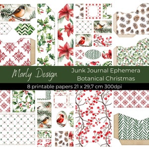 BOTANISCHE KERSTMIS EPHEMERA, kortstondige voor ongewenste journaling, frames, etiketten, zakken, tags, enveloppen, direct downloaden, A4-formaat