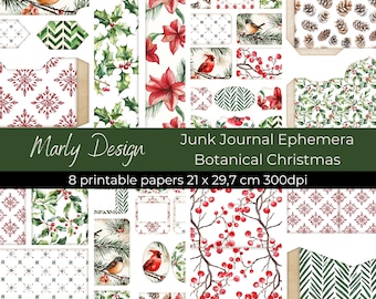 May include: A set of 8 printable digital papers featuring a botanical Christmas theme. The papers include images of holly, pine cones, cardinals, and snowflakes. The papers are 21 x 29.7 cm and 300 dpi.