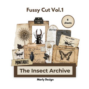 Könnte beinhalten: Eine Sammlung von Insekten-Ephemera im Vintage-Stil, darunter Illustrationen von Käfern, Schmetterlingen und anderen Insekten. Das Design zeigt gealterte Papiertapeten, handschriftliche Notizen und den Text "Fussy Cut Vol.1", "Printable" und "The Insect Archive".