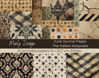 May include: A collage of 22 printable junk journal pages with a vintage aesthetic. The designs include damask patterns, distressed textures, and geometric shapes in shades of brown, black, and cream. The text "Marly Design" and "The Hallow Keepsake" are visible.