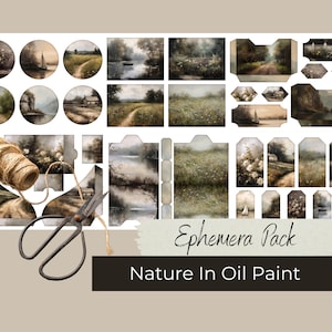 Pack numérique éphémère peinture à l'huile paysage Nature forêt lac voilier chalet imprimables Junkjournaling Scrapbooking Papercraft format A4