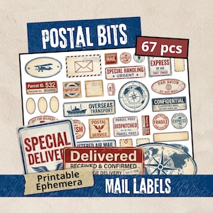 May include: A collection of 67 printable mail labels and postal bits in a vintage style. The labels feature text such as "Special Delivery", "Express", and "Overseas Transport", with illustrations of airplanes, ships, and compasses. The design incorporates red, blue, and beige tones.