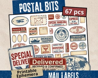 Vintage Postal Mail Labels Ephemera Kit, Red Blue Airmail Tags, Postal Bits (Digital Download)