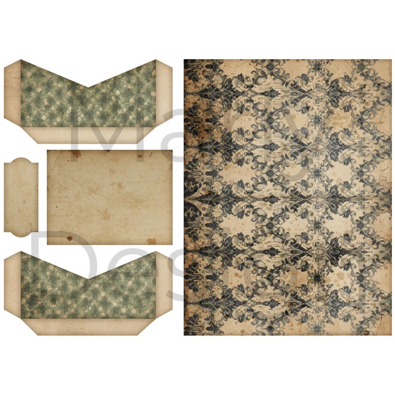 Assorted pockets and a full patterned sheet with faded damask, Printable Halloween Junk Journal ephemera