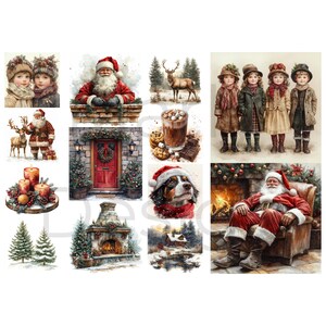 three tall panels with large cut-apart scenes, Santa by the hearth and grouped children, Christmas journal decorations and Christmas junk journal fussy cut ephemera
