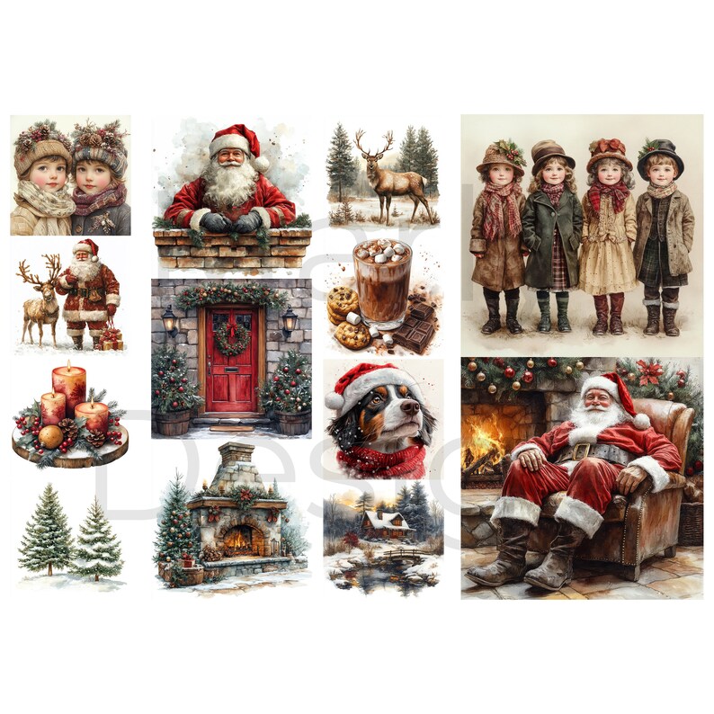 three tall panels with large cut-apart scenes, Santa by the hearth and grouped children, Christmas journal decorations and Christmas junk journal fussy cut ephemera