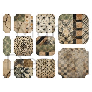 Small square and rounded tags, patchwork style Halloween ephemera printable, grunge textures and ornate prints