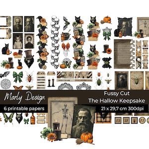 May include: A collection of Halloween-themed printable papers featuring vintage illustrations. The designs include skulls, black cats, pumpkins, and portraits. The text on the papers reads "Fussy Cut" and "The Hallow Keepsake". The papers measure 21 x 29.7 cm.