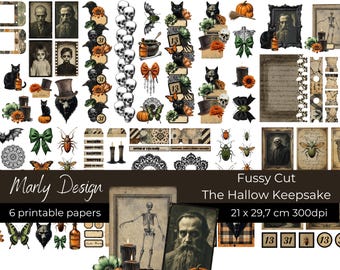 Vintage Halloween Ephemera, Skulls, Bats, Pumpkins (Digital Collage Sheet)