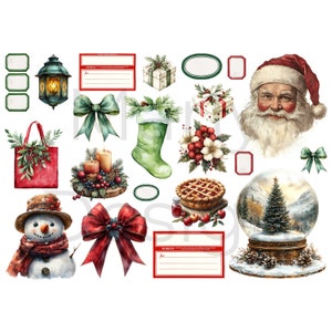 assorted labels, green stocking, Santa face, snow globe and bow accents, printable Christmas embellishments and Christmas junk journal fussy cut ephemera