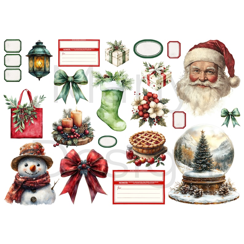 assorted labels, green stocking, Santa face, snow globe and bow accents, printable Christmas embellishments and Christmas junk journal fussy cut ephemera