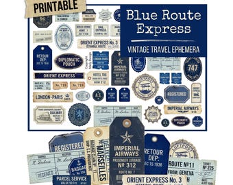 Blue Route Express, Vintage Travel Postal Ephemera Printable Kit, Antique Tickets & Labels for Junk Journaling, Collage and Papercraft