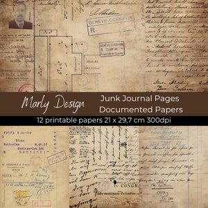 GEDOCUMENTEERDE PAPIEREN Vintage ongewenste dagboekpagina's, oude documenten, scrapbooking, kaarten maken, papercraft, digitale download, A4-formaat
