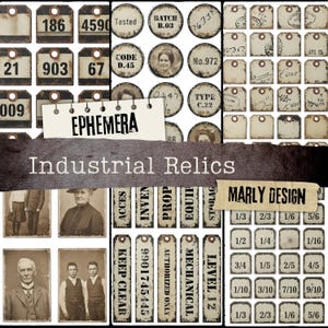 Zestaw Industrial Relics Grunge Ephemera, zabytkowe metki, etykiety, numery i zdjęcia, neutralny brązowo-czarny zestaw do druku dziennika śmieci, arkusze A4
