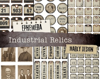 Könnte beinhalten: Eine Sammlung von Papieranhängern und Etiketten im Vintage-Stil mit sepiafarbenen Porträts, Industrienummern, Brüchen und Texten wie "EPHEMERA", "Industrial Relics" und "MARLY DESIGN". Das Set zeigt verschiedene rechteckige und kreisförmige Designs.