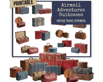 Airmail Adventures Suitcases, Printable Vintage Travel Ephemera for Junk Journals, Scrapbooking & Collage Art