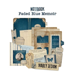 Pode incluir: Uma coleção de itens de papel em estilo vintage, incluindo um caderno azul, bilhetes e etiquetas. O texto "NOTEBOOK Faded Blue Memoir" e "MARLY DESIGN" são visíveis. A paleta de cores inclui tons de azul, bege e castanho.