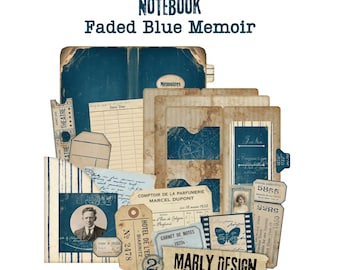 Faded Blue Memoir Vintage Notebook Kit, Printable Junk Journal, Grunge Ephemera & Pockets