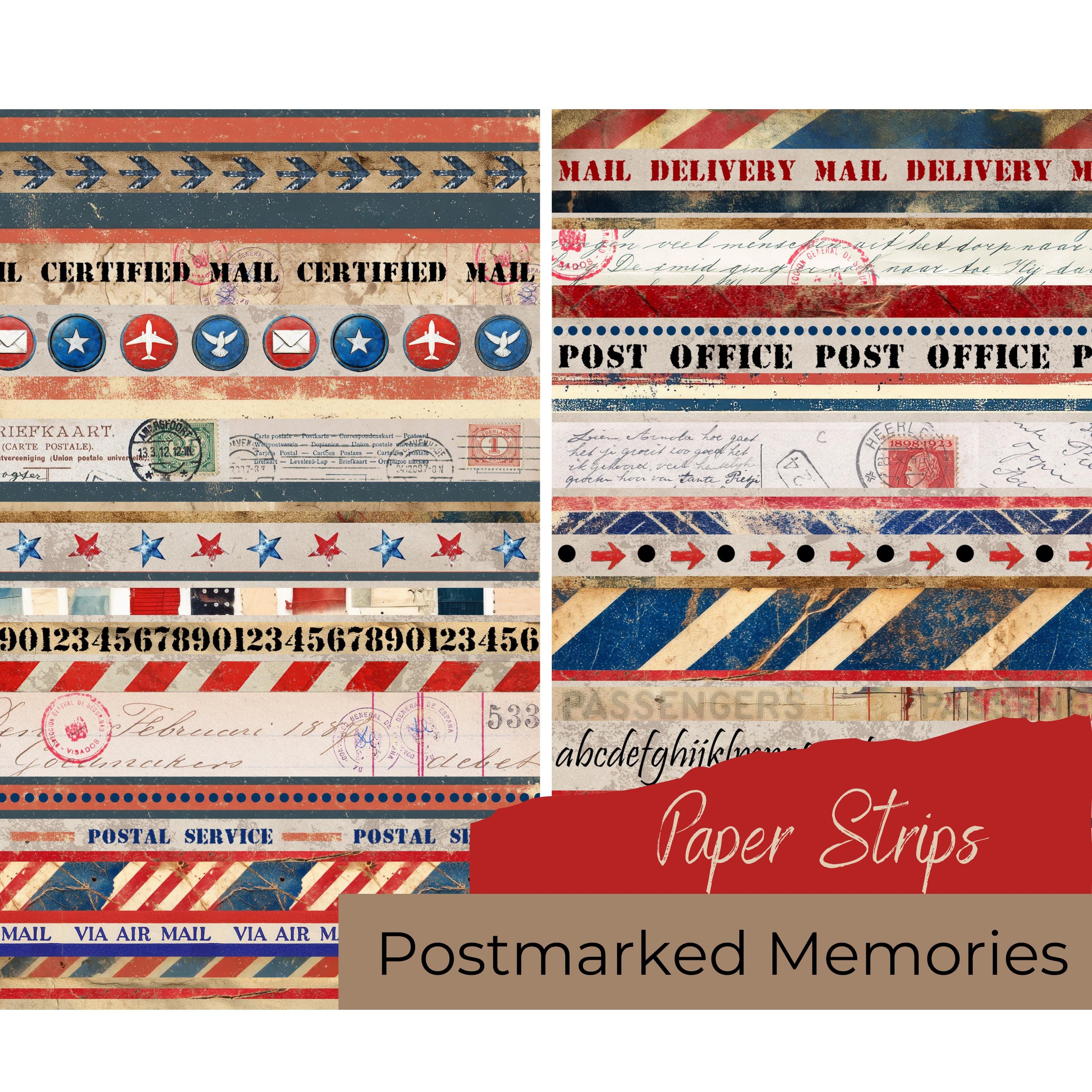 POSTMARKED MEMORIES PAPERSTRIPS, paper embellishments, washi tape, postal theme, papercraft, printables, instant download, A4 size