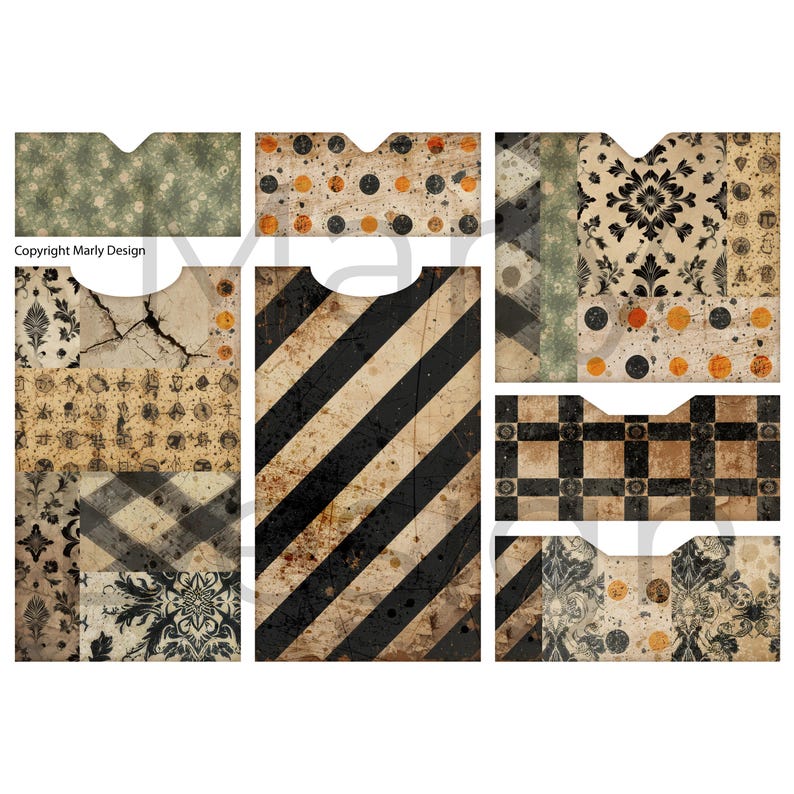 Three large A4 papers, bold black stripes, ornate florals and muted orange grunge, Vintage Halloween Printables