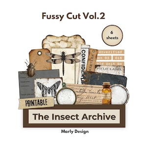 May include: A collage of vintage-style insect-themed ephemera, including a dragonfly, butterfly, and beetle illustrations. The design features tags, labels, and the text "Fussy Cut Vol.2," "Printable," and "The Insect Archive."