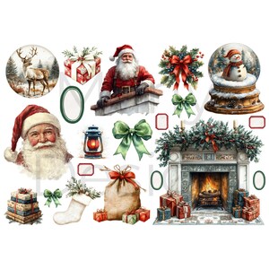 cluster of round ornaments, big Santa head, wreath and mantel scene, vintage Christmas clipart and Christmas junk journal fussy cut ephemera