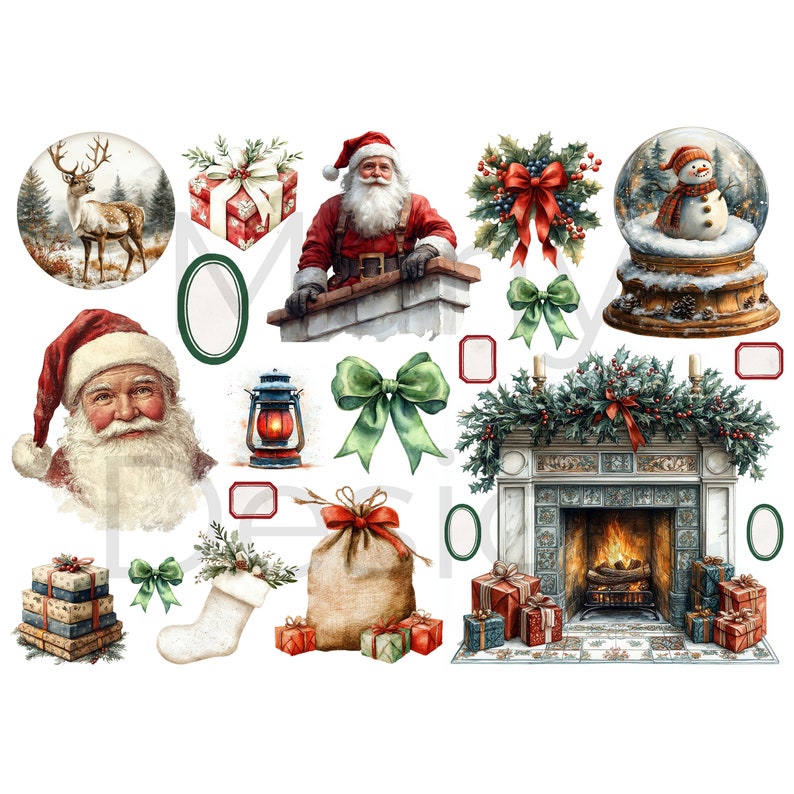 cluster of round ornaments, big Santa head, wreath and mantel scene, vintage Christmas clipart and Christmas junk journal fussy cut ephemera