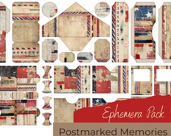 POSTMARKED MEMORIES EPHEMERA, vintage postal theme, red and blue, mail, post, printables, instant download, A4 size