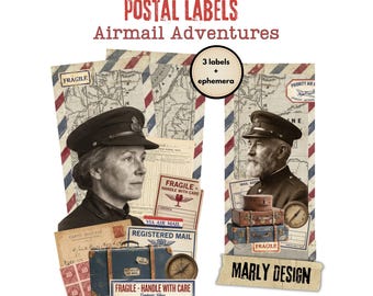 Airmail Adventures Postal Labels, Vintage Printable Ephemera for Junk Journaling & Scrapbooking