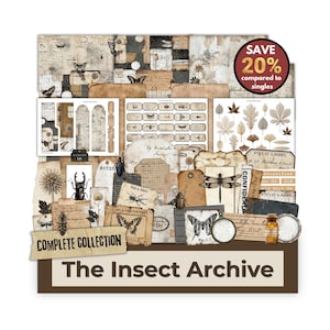 May include: A complete collection of The Insect Archive, featuring vintage-style ephemera with insect illustrations, labels, and botanical elements. The design includes a variety of papers, tags, and decorative elements in shades of brown, beige, and cream.